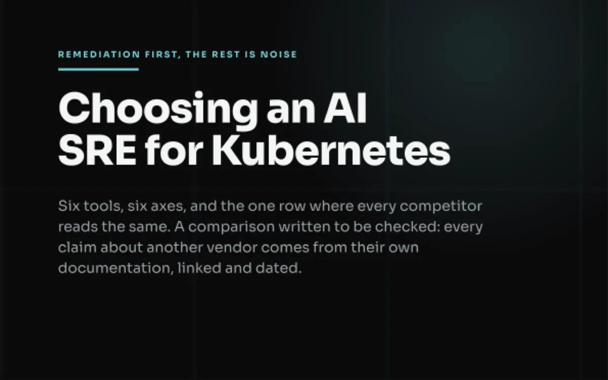 Cover of the guide Choosing an AI SRE for Kubernetes: six tools, six axes, and the one row where every competitor reads the same.