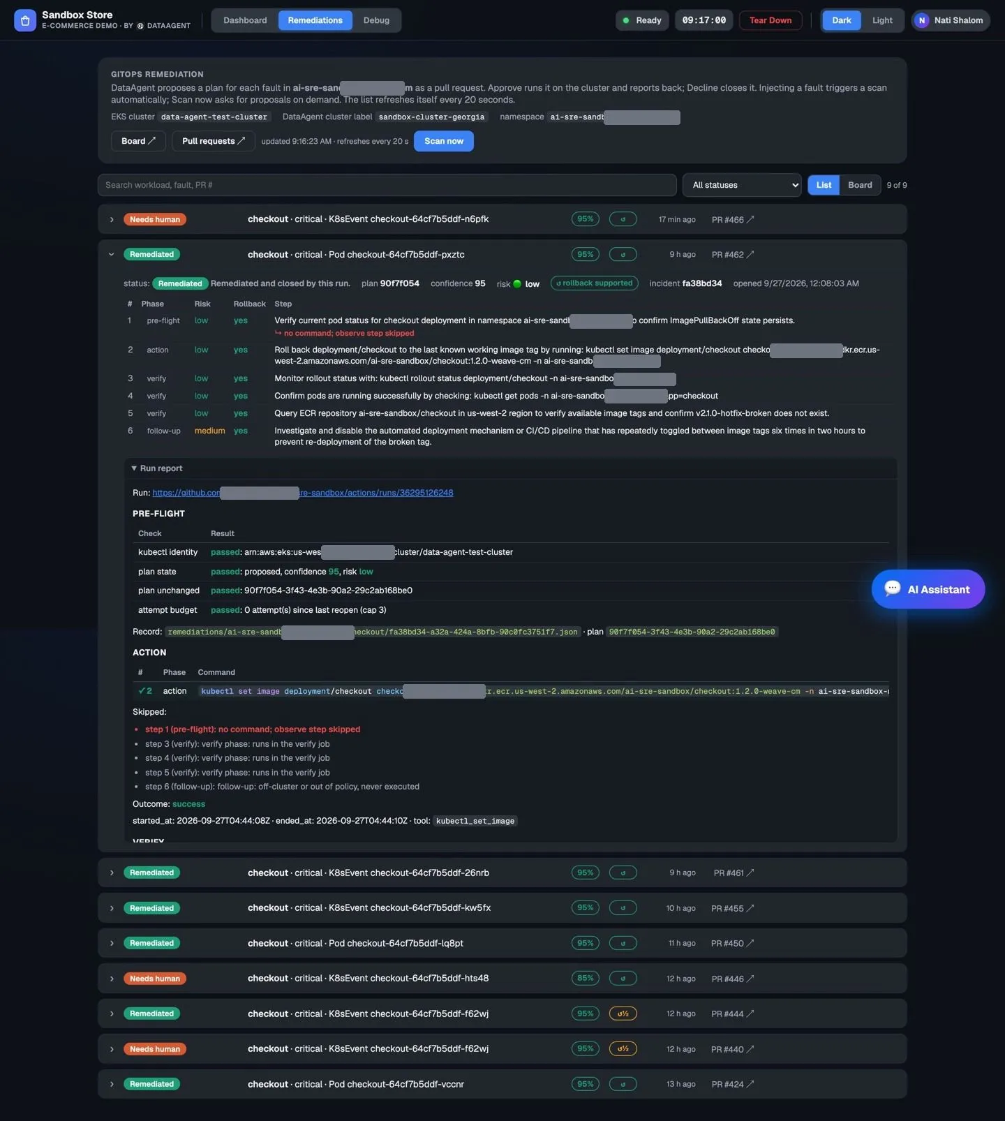 Screenshot of the reference implementation of the execution path. The run report: pre-flight checks, the action and its exit code, steps skipped and why, the verification, and the call that closed the incident. Nothing is declared fixed because a command exited zero. It is fixed because the rollout was checked afterwards and the result was reported back, so the incident closes on the product's side too and not only on yours.
