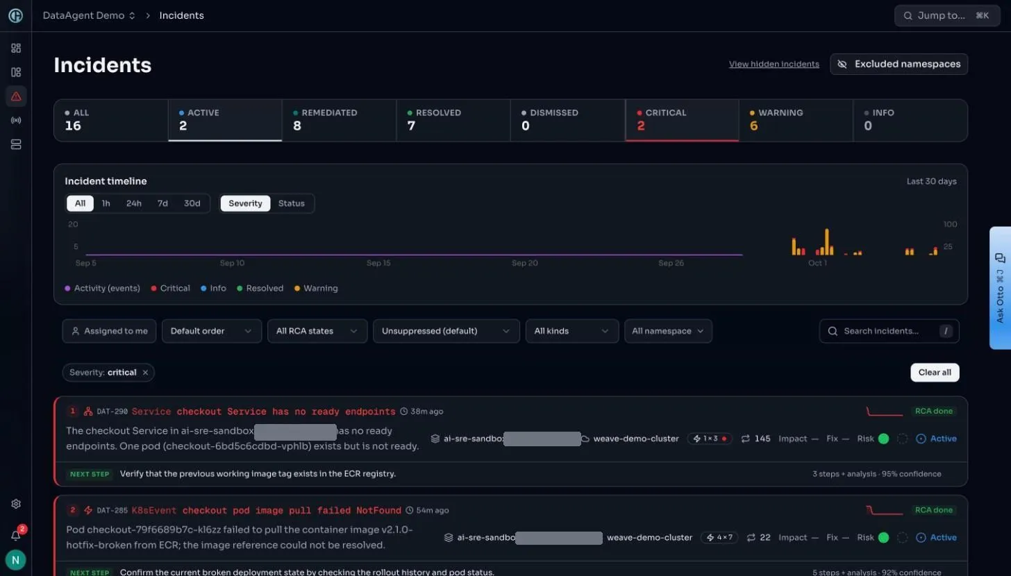 Screenshot of the DataAgent console. Both critical incidents, same fault. The service has no ready endpoints, and the pod behind it cannot pull its image. Each row already carries its analysis and its next step. Two incidents, one cause, raised 16 minutes apart as the second rollout attempt repeated the first.