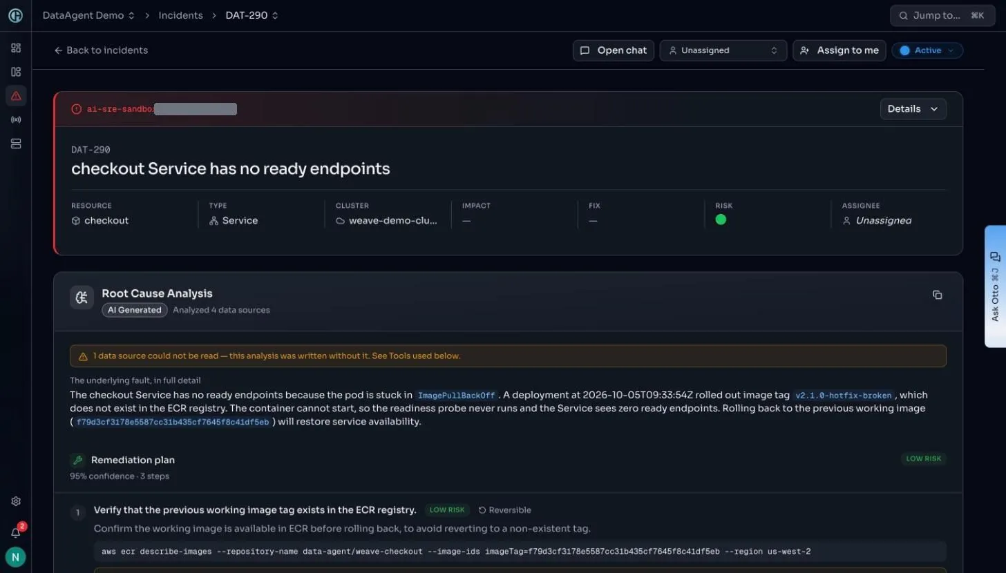 Screenshot of the DataAgent console. The analysis, labelled as generated and counting its sources. It names the exact tag that does not exist, the timestamp of the rollout that introduced it, the working image to go back to, and the chain of consequence: cannot pull, so the container cannot start, so the readiness probe never runs, so the Service has zero endpoints. Then the remediation plan at 95% confidence, directly underneath.