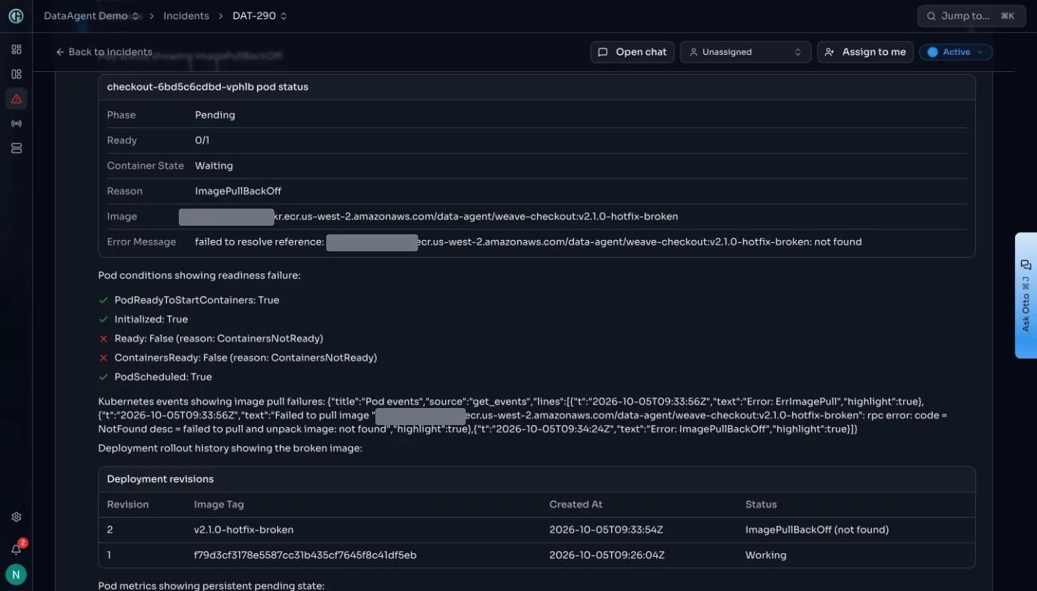 Screenshot of the DataAgent console. Pod status, readiness conditions, the raw Kubernetes events, and the deployment revision table. The revision table at the bottom is the whole case in four rows. Revision 2 carries v2.1.0-hotfix-broken and is in ImagePullBackOff. Revision 1 carries a digest and is marked Working. That is the change trail, and it is why the plan can say exactly what to roll back to instead of guessing.