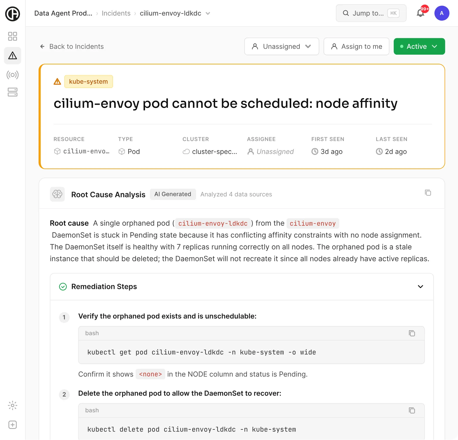 DataAgent incident page with an AI-generated root cause for an unschedulable pod, followed by numbered remediation steps and the kubectl command each one runs