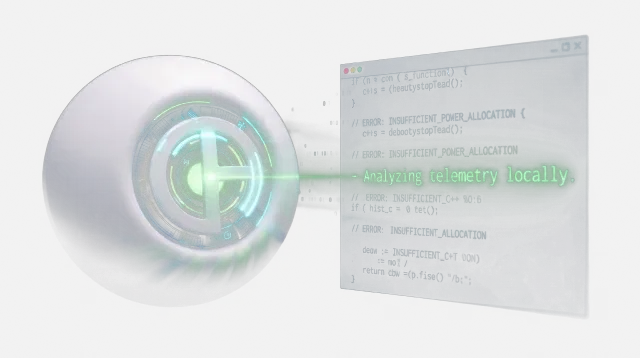 An orb streaming a beam into a terminal that reads: analyzing telemetry locally