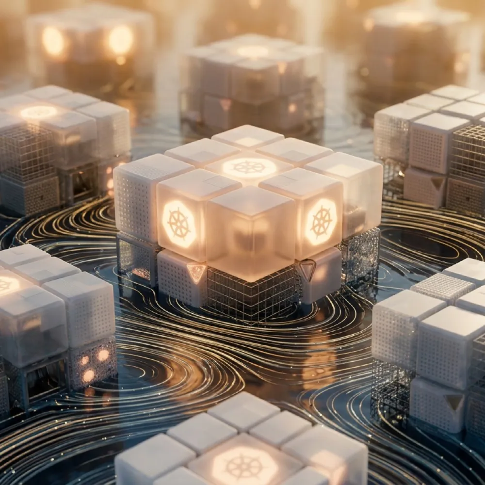 A field of warm, glowing service cubes standing over rippling water