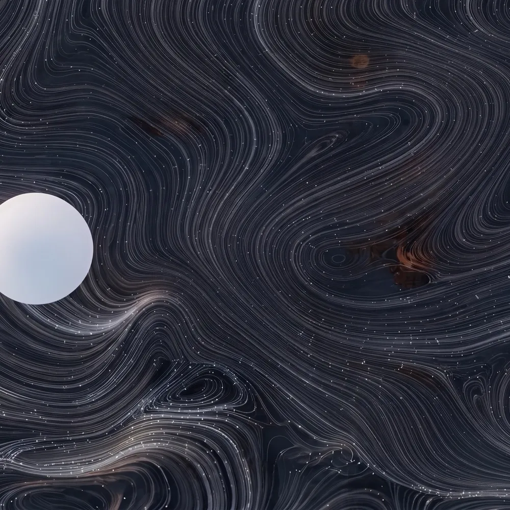 A pale sphere suspended in dark, swirling streams of telemetry